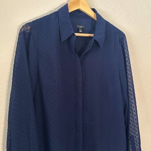 Talbots ClipDot Blue Sheer Sleeve Button Down Blouse Career Evening Petite Large - Picture 1 of 10